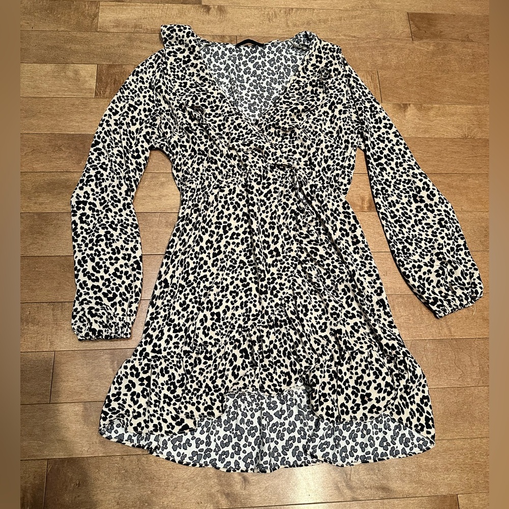Long Sleeve Cheetah/Animal Print Dynamite Dress with Collar and Ruffles